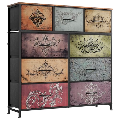 WLIVE 9 Drawer Dresser, Fabric Storage Tower for Bedroom, Hallway, Closet, Tall Chest Organizer Unit for Bedroom with Fabric Bins, Steel Frame, Wood Top, Easy Pull Handle, Pattern - color: Pattern