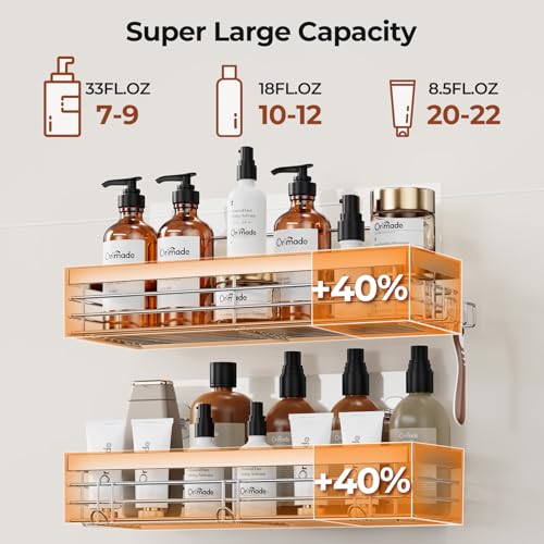 Orimade Shower Caddy with 5 Hooks Organizer for Hanging Razor and Sponge Bathroom Basket Adhesive Shower Shelf Storage Kitchen Rack Wall Mounted No Drilling Rustproof Stainless Steel - 2 Pack - color: Silver - 2 Pack
