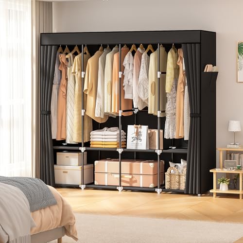 Neatrays Wardrobe Closet, 66 Inch Portable Closet for Hanging Clothes, Large Capacity Clothes Rack Organizer with Cover & 4 Hanging Rods & 8 Storage Shelves & 2 Side Pockets (Black) - color: Black, size: 4 Row - 67"Wide