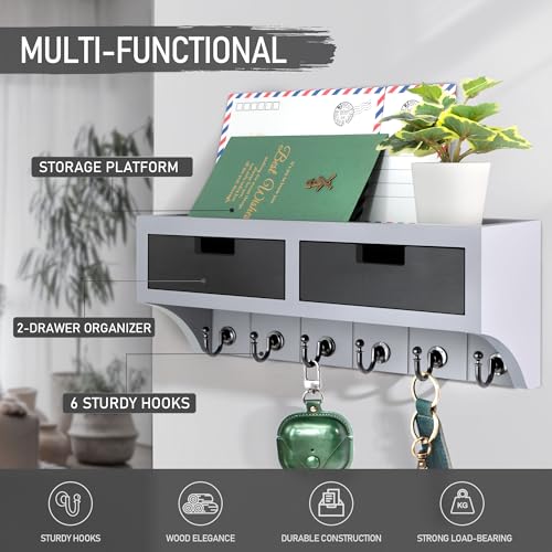 Rebee Vision Key Holder Wall Mount with Drawer Organizer: Mail Organizer for Wall with 6 Key Hooks and Wall Shelf - Apartment Essentials for Aesthetic Room Decor (Gray & Black) - color: Gray & Black, style: 2-Drawer