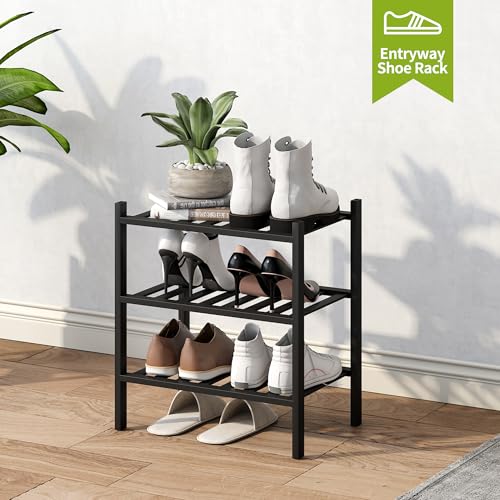 BMOSU 3-Tier Bamboo Small Shoe Rack Premium Stackable Shoe Shelf Storage Organizer for Hallway Closet Living Room Entryway Organizer (Black Bamboo) - color: Black Bamboo, size: Small-3-Tier（17*11*18.3inches）