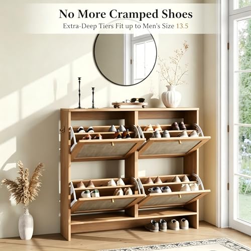 Nicetree Shoe Cabinet Storage for Entryway, 4-Flip Drawer Narrow Shoe Rack with Adjustable Shelves, Boho Modern Square Rattan Shoe Organizer, Slim Wood Storage Cabinets for Small Spaces Fits Size 13.5 - color: Natural Honey Oak, style: 4 Flip Drawer - Cla