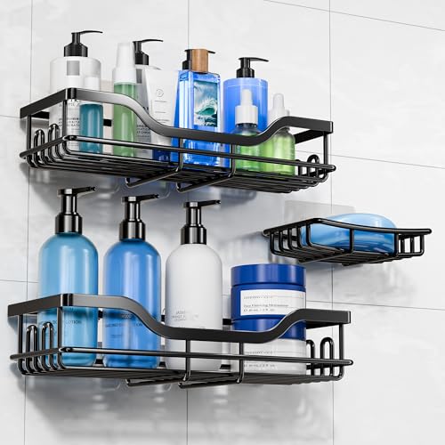 OMAIRA 3-Pack Shower Caddy with Soap Holder, Adhesive Rustproof No-drill Strudy Loading Inside Shower Organizer Shelves Rack Storage Bathroom Organization for Smooth Wall Glass Tile, Black (Large) - color: Black - Large