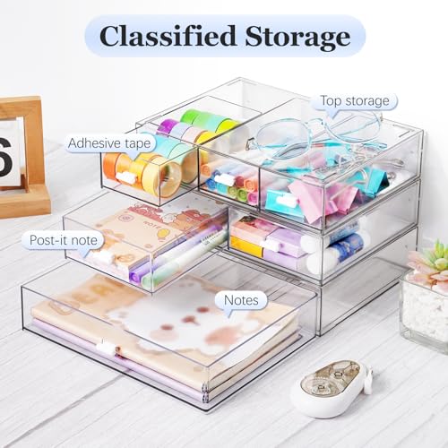 3 Tier Stackable Desk Organizer with 6 Drawers, YOCOMEY Plastic Desktop Storage Box Drawers, Detachable Makeup Storage Office Stationery Supplies Organizer for Office School (All Clear) - color: All Clear