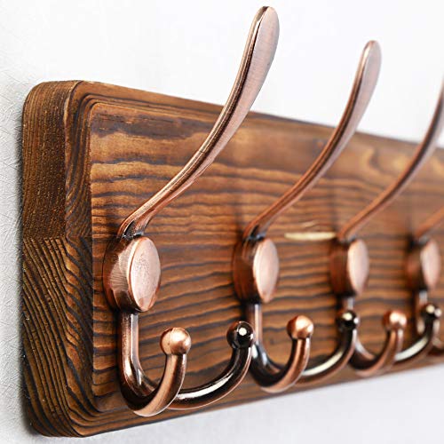 SKOLOO Coat Rack Wall Mounted - 38.6" Long, Wooden, Heavy Duty, Rustic Coat Hooks for Wall, Coat Rack with 10 Triple Hooks for Hanging Clothes, Jacket, Hat(Brown & Retro Red) - color: Brown Plate & Antique Hook, size: 1 Item-10 Hooks