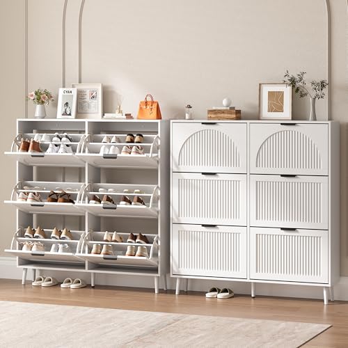BORNOON Shoe Cabinet for Entryway with 6 Flip Drawers, Slim Wooden Shoe Storage Organizer with Modern Fluted Pannel，Freestanding Narrow Hidden Shoe Rack for Hallway, Foyer, Living Room - color: White, size: 6 Flip Drawers