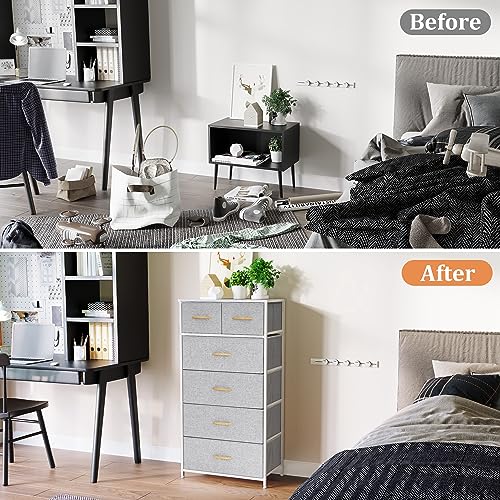 Fabric Dresser for Bedroom, Tall Skinny Dresser with 6 Drawers, Storage Organizer Tower, Steel Frame Wooden Top for Closet, Living Room, Hallway(Light Gray) - color: Light Grey