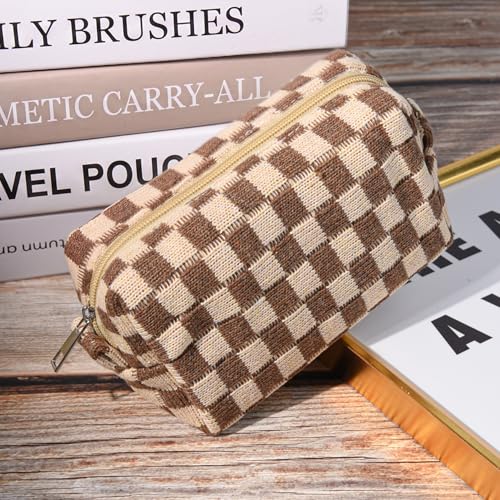 SOIDRAM 2 Pack Checkered Makeup Bag for Women, Cute Makeup Pouch Small Makeup Bag Travel Cosmetic Organizer for Toiletries, Brushes & Skincare - color: Brown, size: 2 Pack