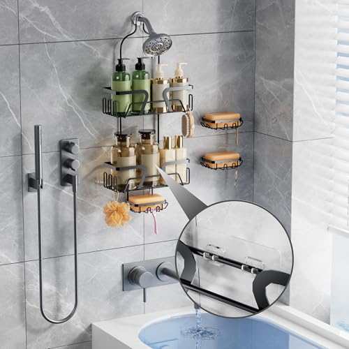 DAOYA Shower Caddy Hanging with 3 Soap Holder - Over the Shower Head Caddy for Bathroom Organization(for Bathroom Organization, 24 Side Hooks, 3 Razor Holder - color: Black