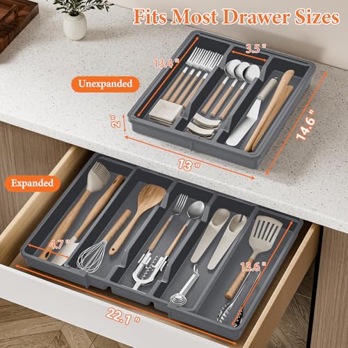 Silverware Organizer, Expandable Utensil Drawer Organizer for Kitchen Drawers, Kitchen Drawer Organizer for Spoons/Forks/Knives, Multipurpose & BPA Free Cutlery Tray, Grey, 1 Pack - color: Gray