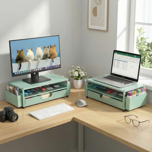 ECOLOVI Desk Organizer and Accessories, 2-Tier Computer Monitor Stand Rise with Storage Drawer & 2 Pen Holders, Laptop & Printer Stand for Desktop, Workspace Organizers for Office Supplies (Green) - color: Green