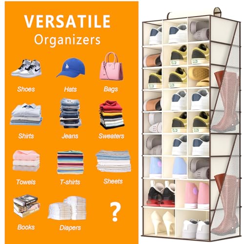 VERONLY Hanging Shoe Organizer for Closet-Collapsible Storage Rack with 25 Sections & 4 Side Pockets, Hanging Shoe Shelves for Hats,and Clothes, Beige - style: 3-Column Beige