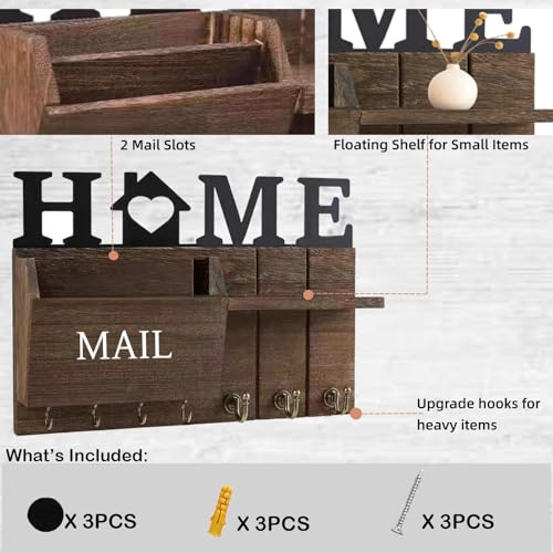 Rustic Wall Key Holder with Shelf & Hooks - Mail Organizer for Entryway | Wooden Key Rack for Keys, Coats, Dog Leash - Brown - color: Brown