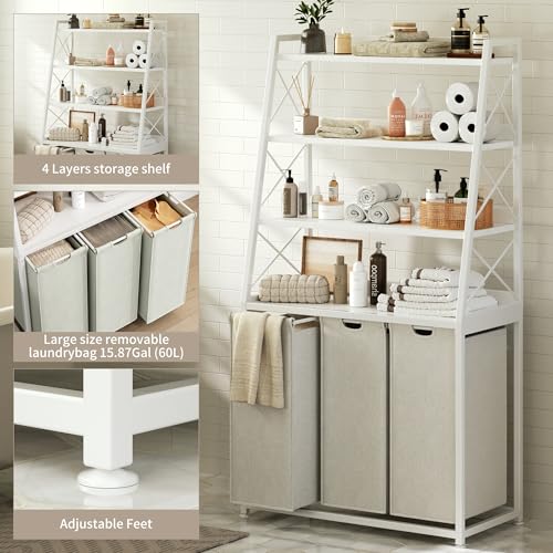 Herture Laundry Basket, 3 Section Laundry Hamper with 4 Tiers Shelf, Pull-Out and Removable Laundry Bags, Large 3 x 15.87 Gallons, for Laundry Room Bathroom White PF05XLW - color: White, size: 3 Bags-180 L