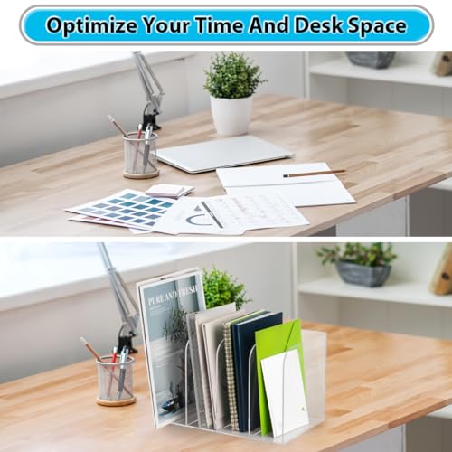 Jumyee Acrylic Magazine File Holder, Vertical Desk File Organizer Sorter with 4 Compartments, Clear Mail Organizer Office Organization Storage Binder Holder for Desk, Magazine, Books - size: 4 Sections