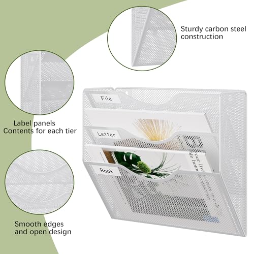 EasyPAG 3 Pocket Mesh Wall File Organizer, Hanging Paper Folder Holder with Classify Label, Vertical Wall Mount Mail Organizer for Office Home Classroom, White - color: White, size: 3 Tier