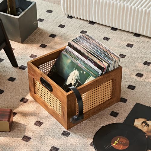 LELELINKY Vinyl Record Storage Crate, Rattan Vinyl Record Holder with Handle, Wood Record Crate for Vinyls Holder up to 75 LP's, Desktop Cube Album Storage for Vinyls Records(Tea Brown) - color: TeaC, size: 1 Pack