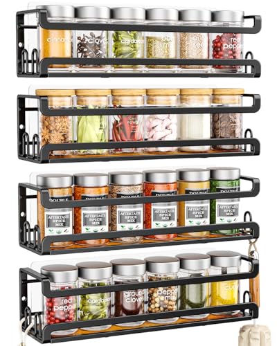Doakhirmit 4 Pack Wall Mount Spice Rack with 16 Hooks,Hanging Spice Rack Organizer for Stove Cabinet Pantry Door, Screw or Adhesive Wooden Spice Shelf for Kitchen and RV Camper, Black - size: 4 Pack