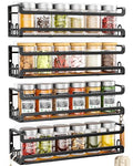 Doakhirmit 4 Pack Wall Mount Spice Rack with 16 Hooks,Hanging Spice Rack Organizer for Stove Cabinet Pantry Door, Screw or Adhesive Wooden Spice Shelf for Kitchen and RV Camper, Black - size: 4 Pack