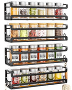 Doakhirmit 4 Pack Wall Mount Spice Rack with 16 Hooks,Hanging Spice Rack Organizer for Stove Cabinet Pantry Door, Screw or Adhesive Wooden Spice Shelf for Kitchen and RV Camper, Black - size: 4 Pack