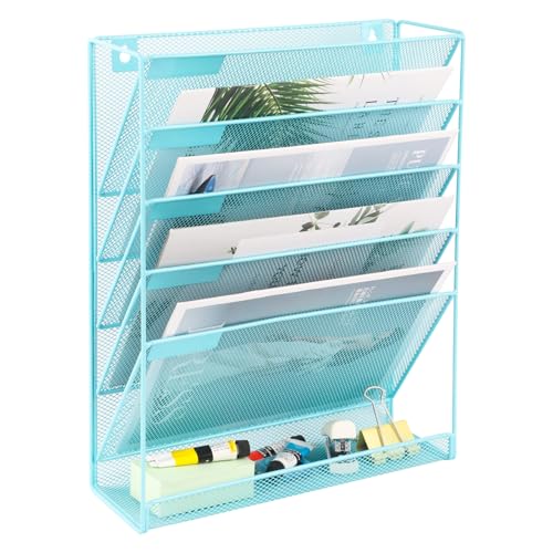 EASEPRES Desk File Organizer Mesh 6-Tier, Hanging Wall Mount Document Organization Stand, Desktop Vertical Mail Paper Folder Holder Rack with Bottom Tray for Office Home Cubicle Countertop, Blue - color: Blue, size: 6 Tier