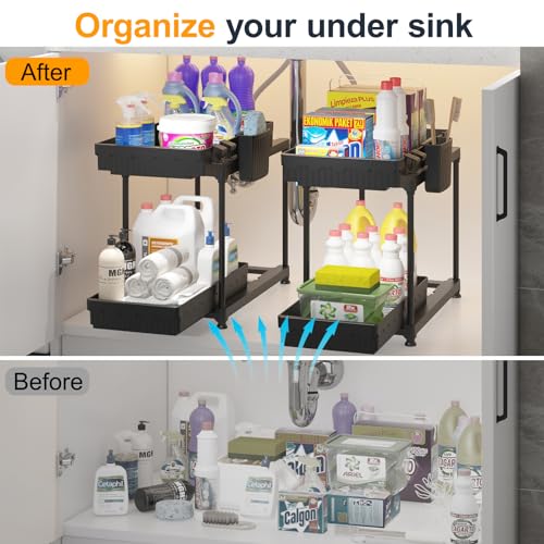 Sevenblue 2 Pack Double Sliding Under Sink Organizers and Storage, 2 Tier Under Bathroom Cabinet Shelf Organizer with Hooks Hanging Cup, Home Organization, Black