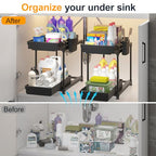 Sevenblue 2 Pack Double Sliding Under Sink Organizers and Storage, 2 Tier Under Bathroom Cabinet Shelf Organizer with Hooks Hanging Cup, Home Organization, Black
