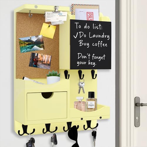 Key Holder Wall Mount， Mail Organizer Key Holder for Wall with Shelf, Drawer, Chalkboard, Corkboard, Home Decor Wall Mounted for Room Entryway (Ivory Yellow) - color: Ivory Yellow, size: Vertical