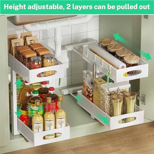 2 Pack Under Sink Pull Out Organizer, 2-Tier Adjustable Height Carbon Steel Storage Rack for Kitchen and Bathroom Cabinet, White - color: White