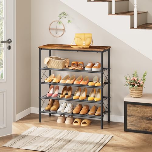 Tajsoon 5 Tier Shoe Rack Organizer for 16-20 Pairs of Shoes, Metal Mesh Shoe Shelf for Closet, Industrial Shoe Rack for Entryway Shoe Storage with X Shape Fixed Frame, Rustic Brown & Black - color: Rustic Brown & Black, size: 5-Tier