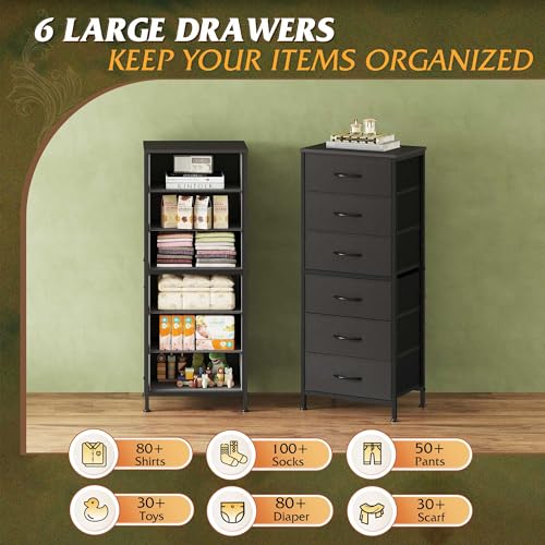 WLIVE Tall Black Dresser for Bedroom, 6 Drawer Vertical Fabric Dresser, Skinny Chest of Drawers for Closet, Narrow Storage Tower with Wood Top and Metal Frame, Tall Nightstand for Small Spaces - color: Black, size: 11.73"D x 15.67"W x 39.37"H
