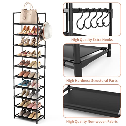 LANTEFUL 10 Tiers Tall Shoe Rack 20-25 Pairs Boots Organizer Storage Sturdy Narrow Shoe Shelf for Entryway, Closets with Hooks, Black - color: Black, size: 10 Tier-68" High-17" Wide