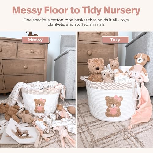 Pink Teddy Bear Storage Basket for Baby Girl Nursery – 15"x11" Cotton Rope Bin with Embroidered Bear Patch – Toy Organizer, Baby Laundry Hamper, Blanket & Diaper Holder – Foldable & Washable - color: Girl Teddy