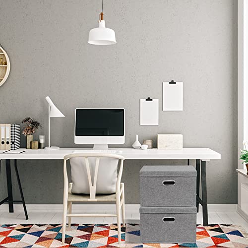 DAYARD Foldable Storage Boxes with Lids Linen Fabric Stackable Storage Bins Organizer Containers Baskets Cube with Cover for Closet Office Nursery, Grey (15 x 10 x 10) - color: Grey, size: Medium
