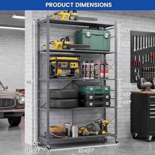 ALANNG 40" W Folding Storage Shelves with Wheels, Adjustable Metal Shelving Unit, Standing Shelf Organizer for Closet Kitchen Garage Laundry Pantry (Grey,1 Pack) - color: Grey