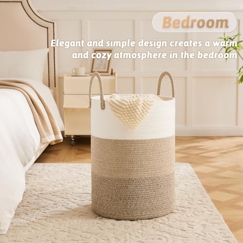 Artfeel Laundry Basket,Woven Cotton Rope Laundry Hamper,80L for Decorative Storage of Dirty Clothes,Toys and Blankets in Bathroom,Bedroom and Living Room - color: Brown & White, size: 80L