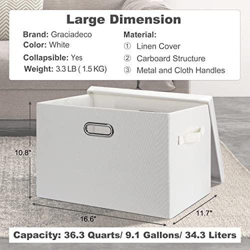 Graciadeco Large 17" 36 Quart Collapsible Stackable Storage Bins with Lids, 3 Packs White Linen Fabric Closet Boxes with Lids, Storage Cube Baskets Container Organizers for Bedroom Office(17 x12 x11) - color: White, size: Large -3 Pack