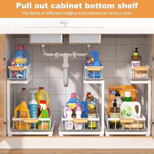 Under Sink Organizer 2 Tier, Pull Out Drawer Slides Under Sink Storage for Bathroom Kitchen,Multi-Purpose Drawer Under Cabinet Organizer for Cleaning Supplies (White, Large-1 Pack) - color: White, size: Large-1 Pack