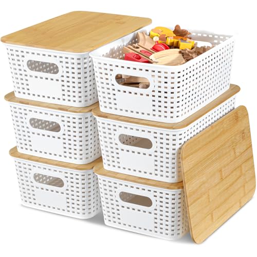 EOENVIVS Plastic Storage Baskets with Bamboo Lids for Pantry Organization and Storage Containers Bins for Shelves Drawers Desktop Closet Playroom Classroom Office Home, 6 Pack,White - color: White