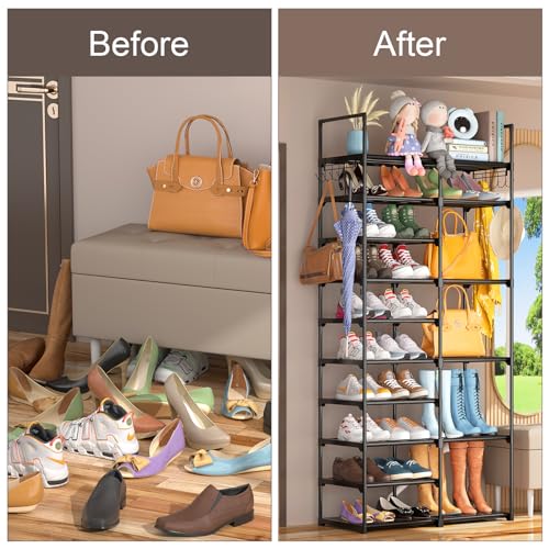 Kottwca 2 Row 10 Tier Tall Shoe Rack Organizer for Closet Entryway, 40-45 Pair Shoe Boot Storage Rack, Metal Shoe Shelf Small Vertical Stackable Shoe Stand for Bedroom Corner - size: 2 Row 10 Tier