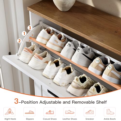 Nicetree Barn Door Shoe Cabinet for Entryway - Modern Farmhouse Shoe Storage Cabinet with 3 Flip Drawers - Slim Hidden Shoe Organizer for 24-32 Pairs - Fits Size 12 Work Boots White - color: Brushed Solid White & Weathered Caramel Oak, style: 3 Flip Drawe