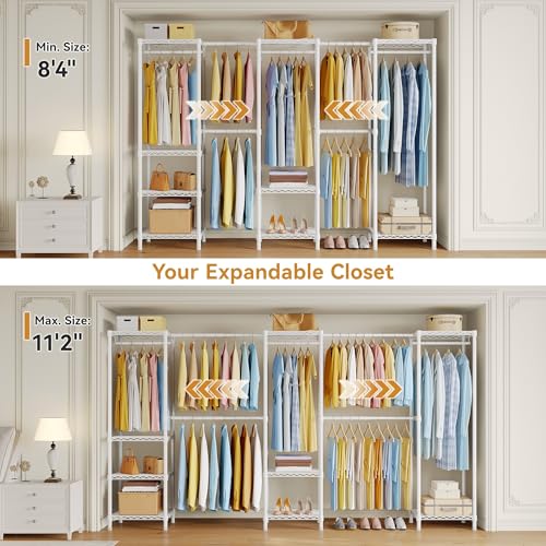 M2 Heavy Duty Clothes Rack, Expandable Large Clothing Rack from 8'4"-11'2", Closet Organizer System for Reach-in Closet, White Wardrobe Closet with Extended Hanging Rods, Max Load 1000LBS - color: White