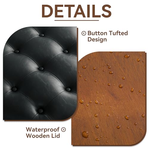 WUTUTUEE 24Inch Round Storage Ottoman with Tray, Modern Tufted Leather Circle Coffee Table with Storage, Upholstered Ottoman with Removable Top for Living Room, Bedroom, Leather Black - color: Leather Black, size: 24 Inch