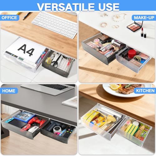 OSPNIEEK Self-adhesive Under Desk Drawer Organizer, 2 Pack Table Hidden Slide Out Large Storage Mounted Desktop Pencil Holder Tray Drawers for Office Home School Stationery Kitchen (XL+L, Black) - color: Matte Black, size: Extra Large + Large