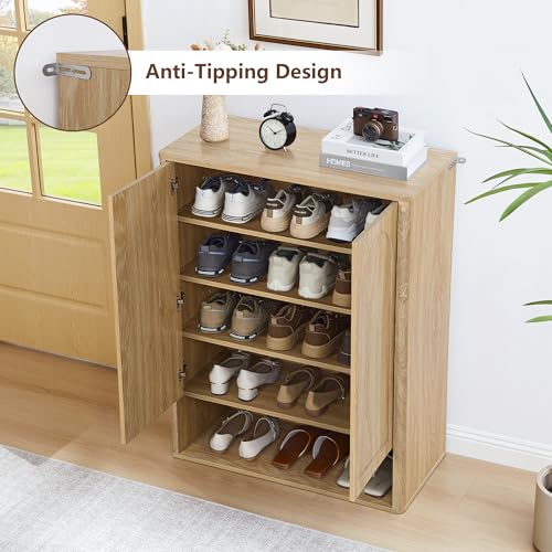 Shoe Cabinet, 5 Tier Wooden Shoe Storage Organizer Cabinet with Adjustable Shelves, Shoes Rack Accent Cabinet for Entryway Hallway Living Room, Natural - color: Natural