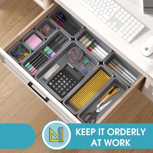 10 PCS Drawer Organizer Set, 4 Size Makeup Drawer Divider Organizer With Non-Slip Pads, Interlocking Plastic Storage Bins for Office,Jewelry Vanity,Gadgets, Bathroom,Kitchen, Grey - color: Grey, size: 10Pack