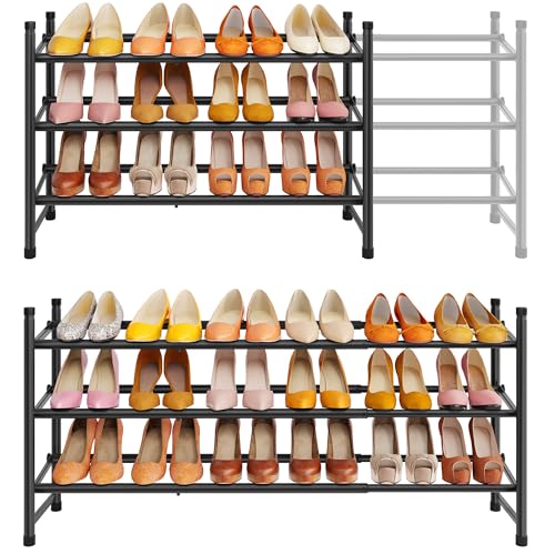 Tajsoon Expandable Shoe Rack for Closet 3 Tier, 28“-41“Adjustable & Stackable Shoe Shelf Storage, Metal Shoe Rack Organizer for Front Door Entrance, Closet, Garage, Entryway, Black - color: Black, size: 3 Tier