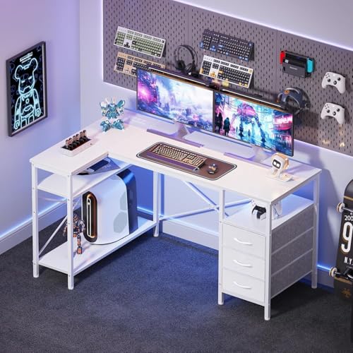 Alpen L Shaped Computer Desk, 55 Inch Corner Desk with Drawers and Power Outlets, Home Office Desk for Gaming, Study Writing PC Table with Storage and Reversible Shelf, White - color: White, size: 55 Inches