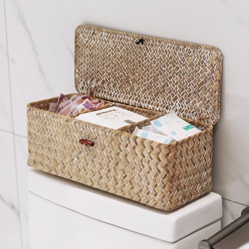Seagrass Storage Basket with Lid Rectangular Small Woven Shelf Baskets with Sections for Organize Snack Toys Whitewash - color: Whitewash 3 Sections