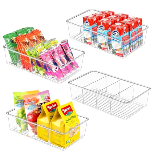 ZIZOTI Snack Organizer for Pantry Shelf, 4 Pack Clear Plastic Pantry Storage Bins with 3 Dividers for Snacks, Spices, Chips Food Organizer, Stackable Pantry Organizers for Kitchen, Fridge, Cabinet - color: 4 Pack